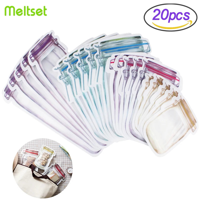 Reusable Jar Shape Zipper Bag Plastic Bags Zip Lock Leakproof Food Saver Storage Bag Freezer Biscuit Snack Sandwich Ziplock Bags