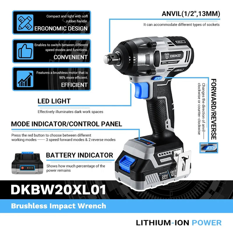 【World Premiere】DEKO 20V MAX Cordless Brushless Wrench 350N.m High Torque Electric Impact Wrench Power Tools (DKBW20XL01)