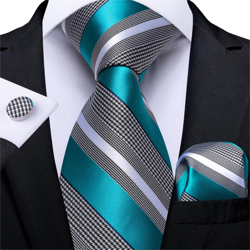 Gift Men Tie Teal Blue White Striped Silk wedding Tie For Men DiBanGu Designer Hanky Cufflink Quality Men Tie Set Business 7339