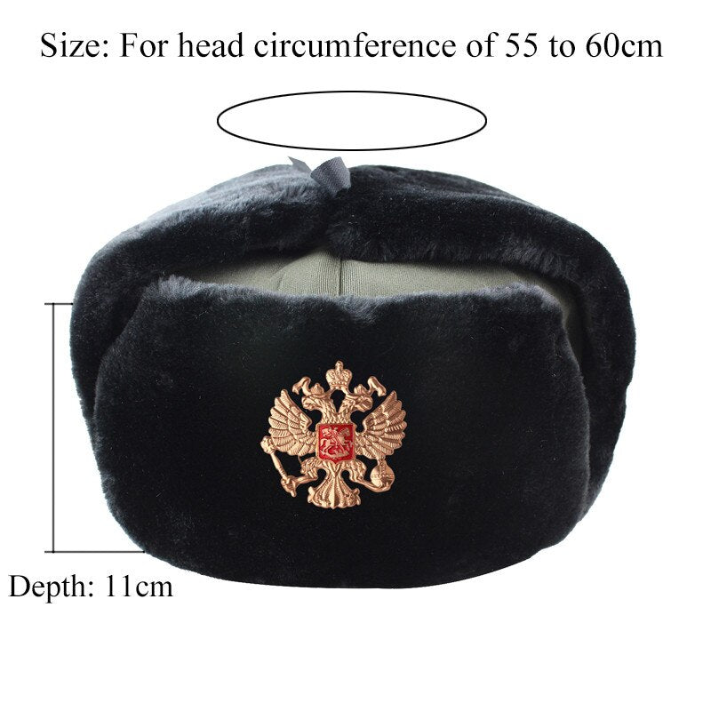 Soviet Badge Russia Ushanka Men Winter Bomber Hats Pilot Faux Fur Earflap Trapper Trooper Hat Russian National Emblem Snow Hats