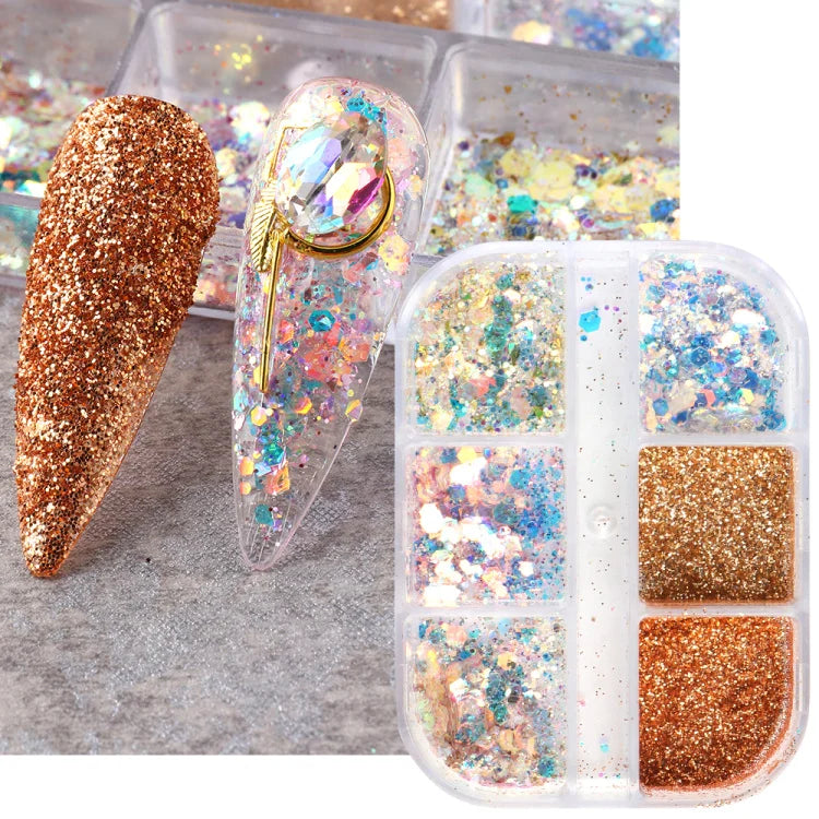 6 Grid Snow Crystal Nail Glitter Powder Sparkly Ice Chrome Flakes Reflective Thin Sequins Autumn Winter Nail Art Decoration LAXR