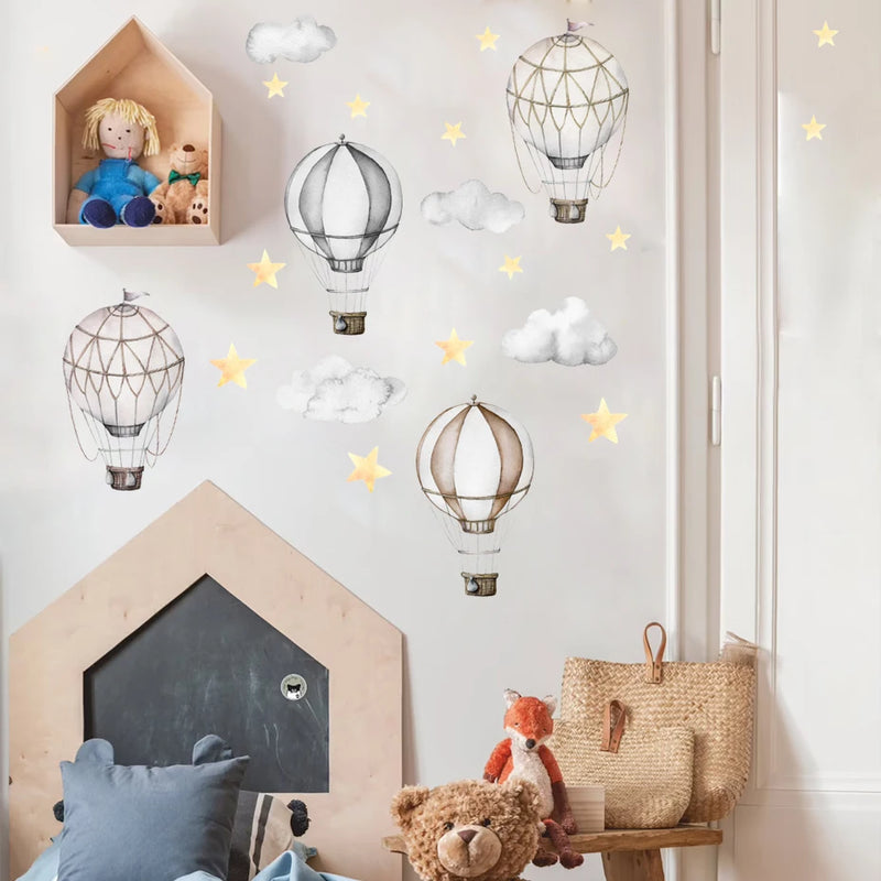 Cartoon Hot Air Balloon Clouds Star Stickers Nursery Wall Decals Art Removable Picture Posters For Baby Kids Room Home Decor