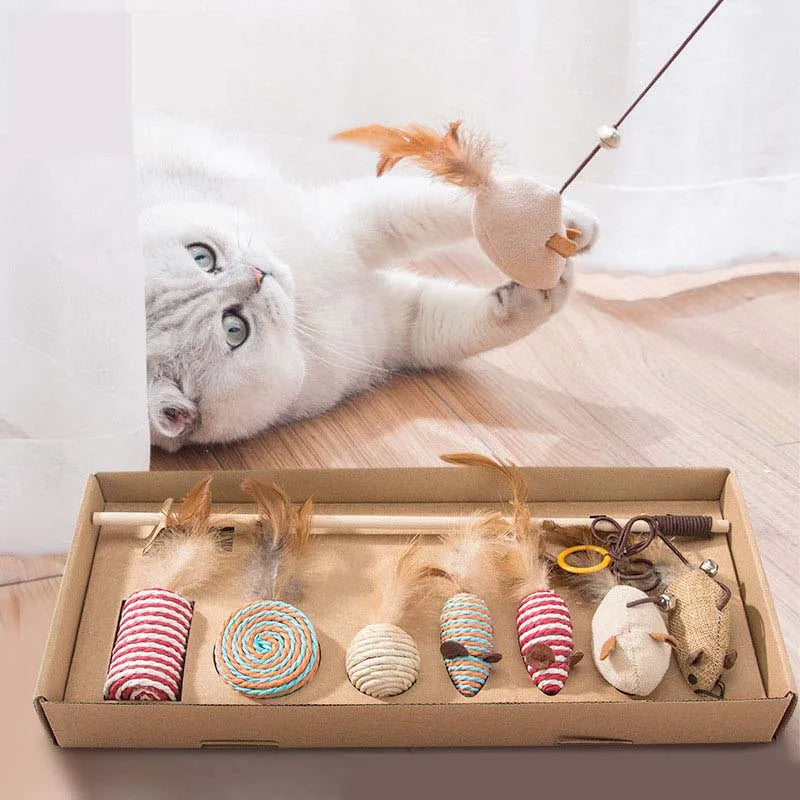 Wood Cat Toy Feather Set Interactive For Pets Fishing Rod Funny Pet Products Mouse Paw Games Cute Toys Linen Cats Stick Dropship