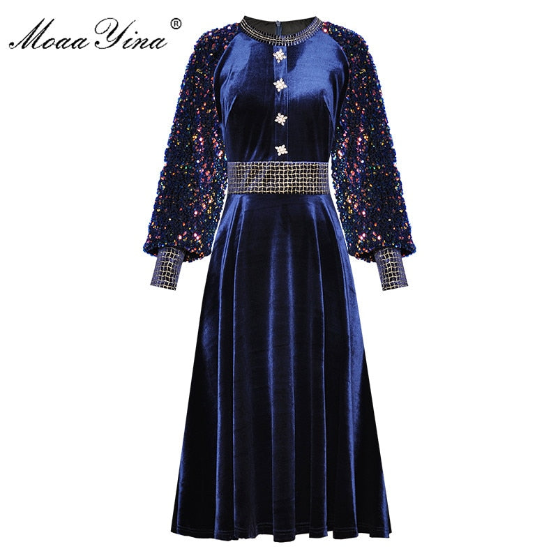 MoaaYina Fashion Designer dress Spring Autumn Women's Dress Sequin Lantern sleeve Crystal Button Velvet Dresses