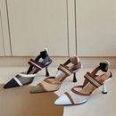 Classic Women Sandals Cow Leather&Mesh Pointed Toe Thin Heels Elastic Band 3 Colors Summer Party Dress Shoes For Lady Size 34-43