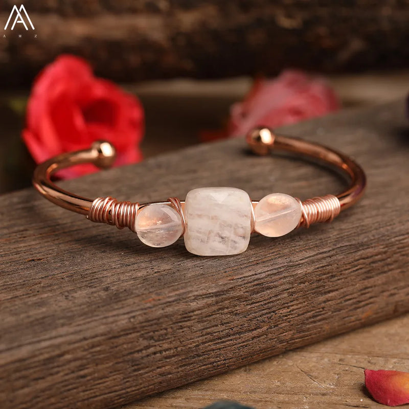 Natural Quartz Stone Beads Gold Bracelets Women Citrines Roses Quartz Chip Beads Open Cuff Bangles Bracelets Friendship Jewelry