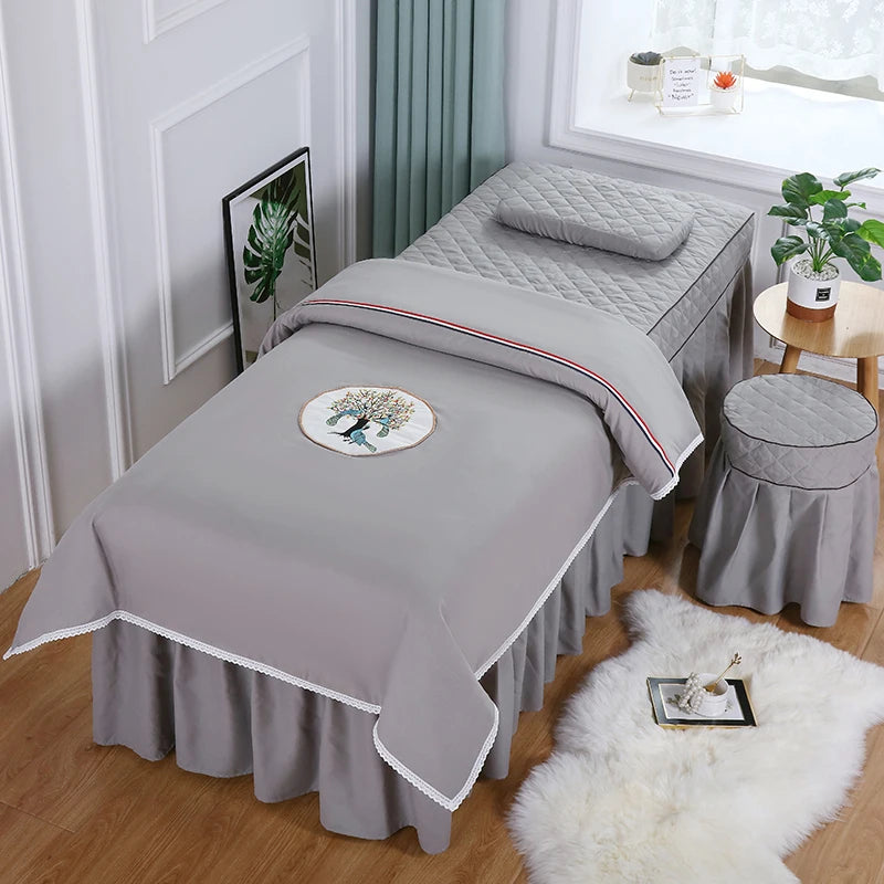 Embroderied 4pcs Bedding Sets for Beauty Salon Tuina Massage Spa Bed Sheets Bed Cover Pillowcase Stoolcover Duvet Cover Sets