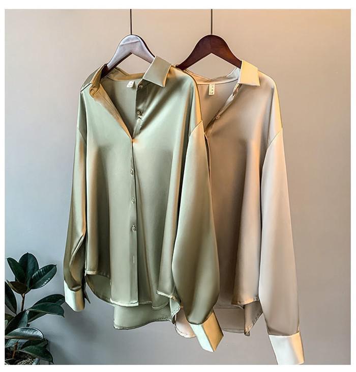 High Quality Elegant Imitation Silk Blouse Spring Women Fashion Long Sleeves Satin Blouse Vintage Femme Stand Street Shirts