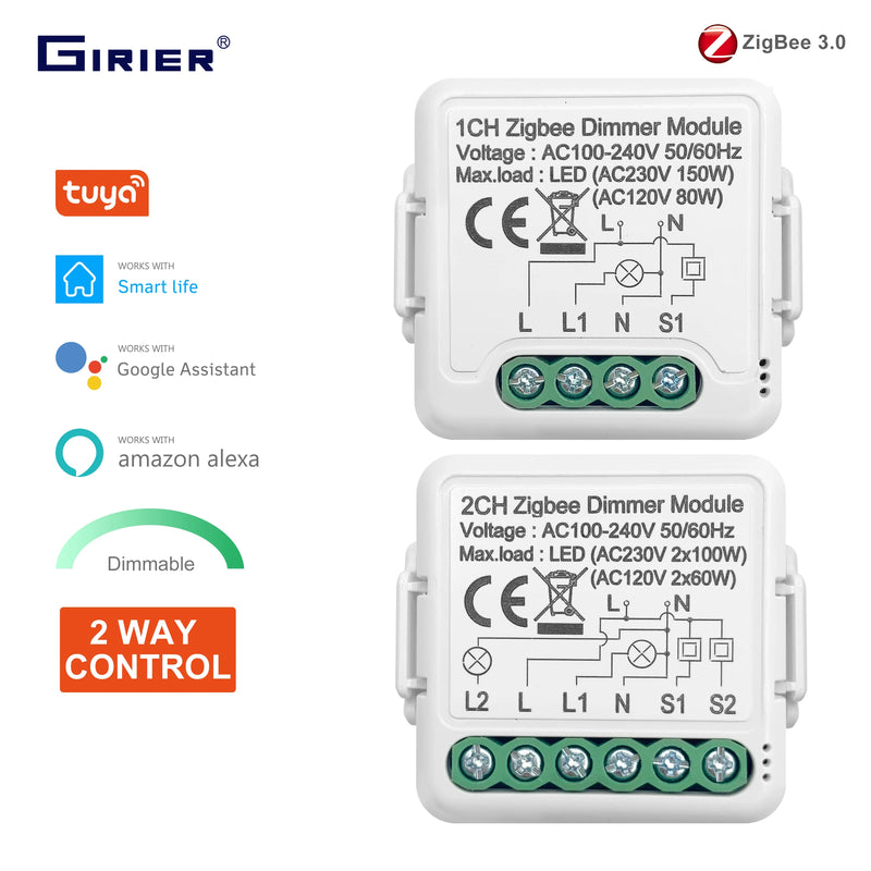 GIRIER Tuya ZigBee Smart Dimmer Switch Module Supports 2 Way Control DIY Dimmable Switches 10A Work with Alexa Alice Google Home