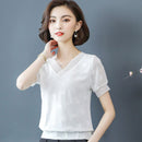 Damen Frühling Sommer Stil Chiffonblusen Hemden Damen Lässige Kurze Puffärmel V-Ausschnitt Lose Chiffonblusen Oberteile ZZ0843