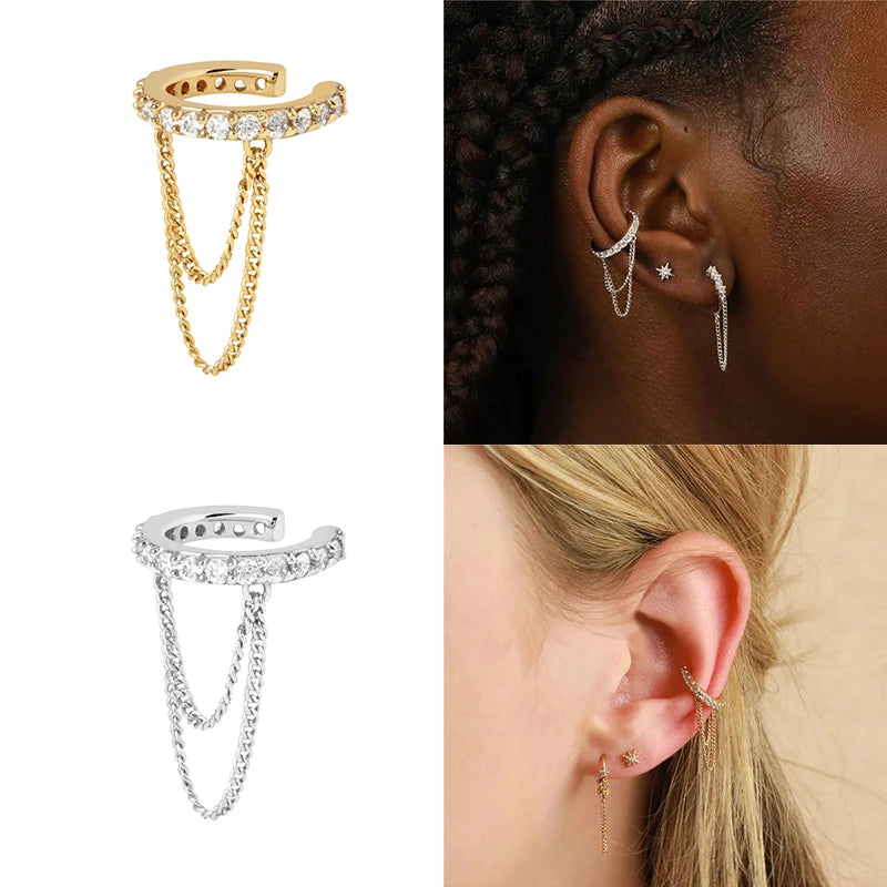 Aide 925 Sterling Silver White Zircons Pave Chain Tassel Ear Cuffs For Women Non Pierced Oval Crystal Crown Shape Clip Earrings