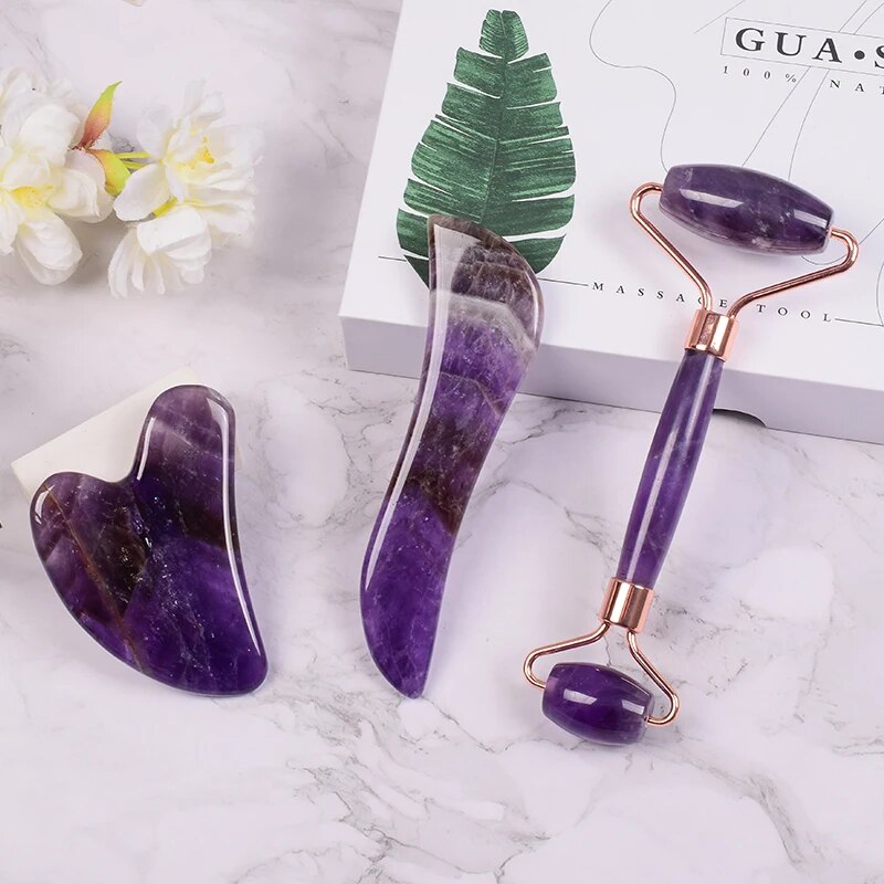 Amethyst Massager Natural Stone Facial Roller Gua Sha Tools Set SPA Acupuncture Scraping Crystal Body Face Health Care Massage