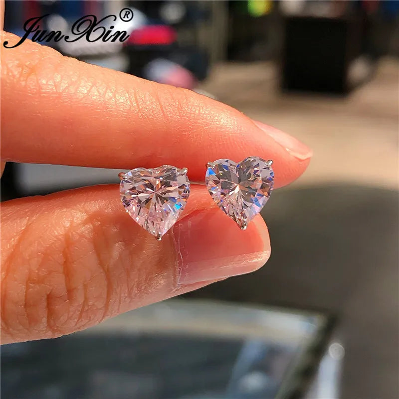 Girls Cute Heart Stud Earrings For Women White Gold Color Brilliant White Zircon Blue Purple Austrian Crystal Wedding Studs Cz