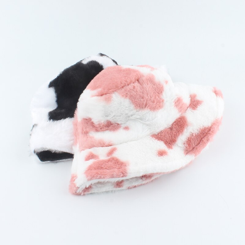 2021 New Fashion Korean Pink Cow Print Bucket Hat Faux Fur Winter Hats For Women Warm Plush Fisherman Caps