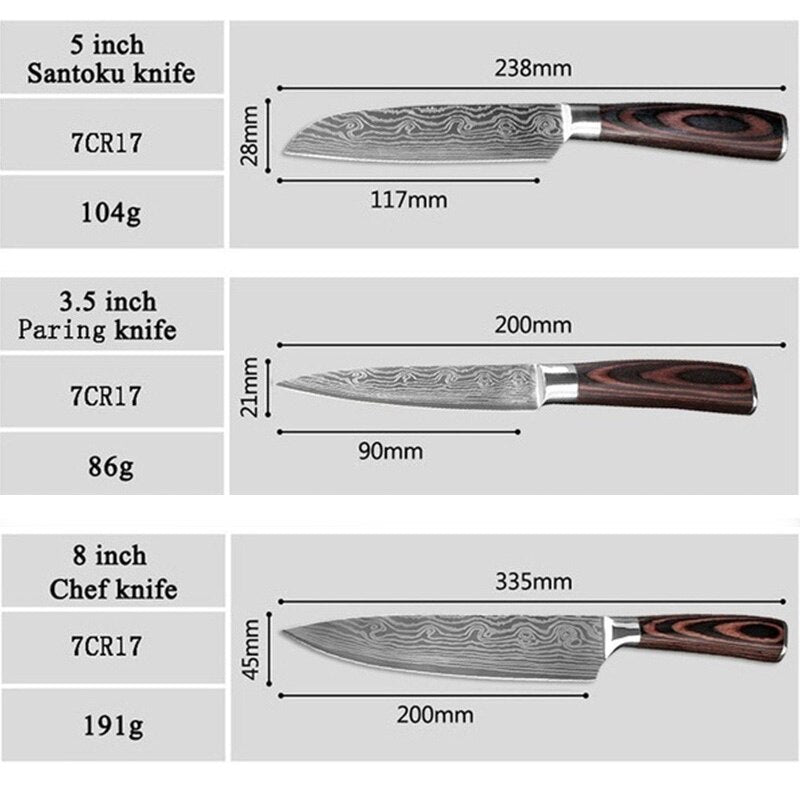 Knife Set Kitchen 3PCs Japanese Chef Knives Laser Damascus Pattern 440C Stainless Steel Cleaver Slicing Santoku Meat Fruit Knife
