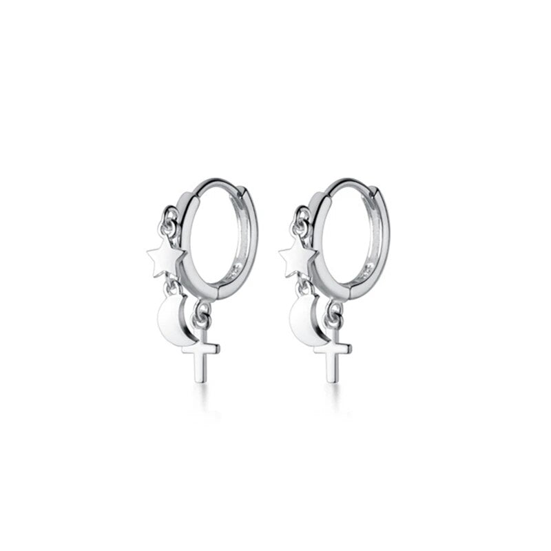 Trendy Genuine 100% 925 Sterling Silver Star Moon Cross Hoop Earrings for Women Lady Girl Party Fine Jewelry