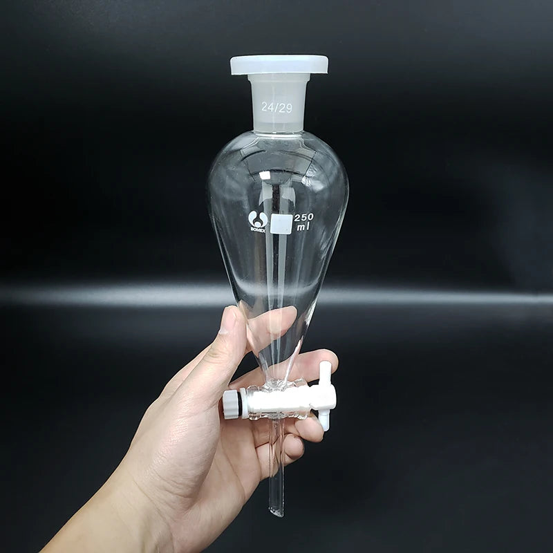 Separatory funnel pear shape,Ground-in glass stopper and stopcock.10ml-125ml-250ml-500ml-5000ml,No tick mark,Glass switch valve