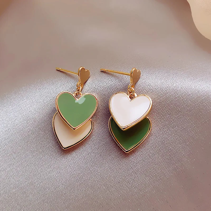 Hot Trendy Cute Heart Earrings Fashion Jewelry White Green Asymmetry Heart Drop Earrings For Women Korean Statement Earrings