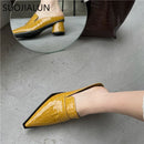 SUOJIALUN 2021 Spring Women Slipper Square Med Heel Slip On Mules Pointed Toe Stone Pattern Sandal Female Casual Slides Shoes