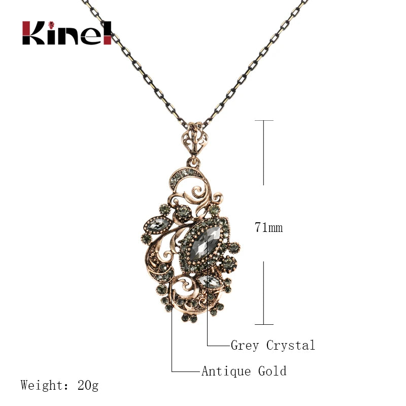 Kinel Charm Grey Crystal Flower Necklace For Women Antique Gold Resin Long Pendant Necklace Indian Vintage Jewelry Drop Shipping