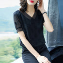 Damen Frühling Sommer Stil Chiffonblusen Hemden Damen Lässige Kurze Puffärmel V-Ausschnitt Lose Chiffonblusen Oberteile ZZ0843