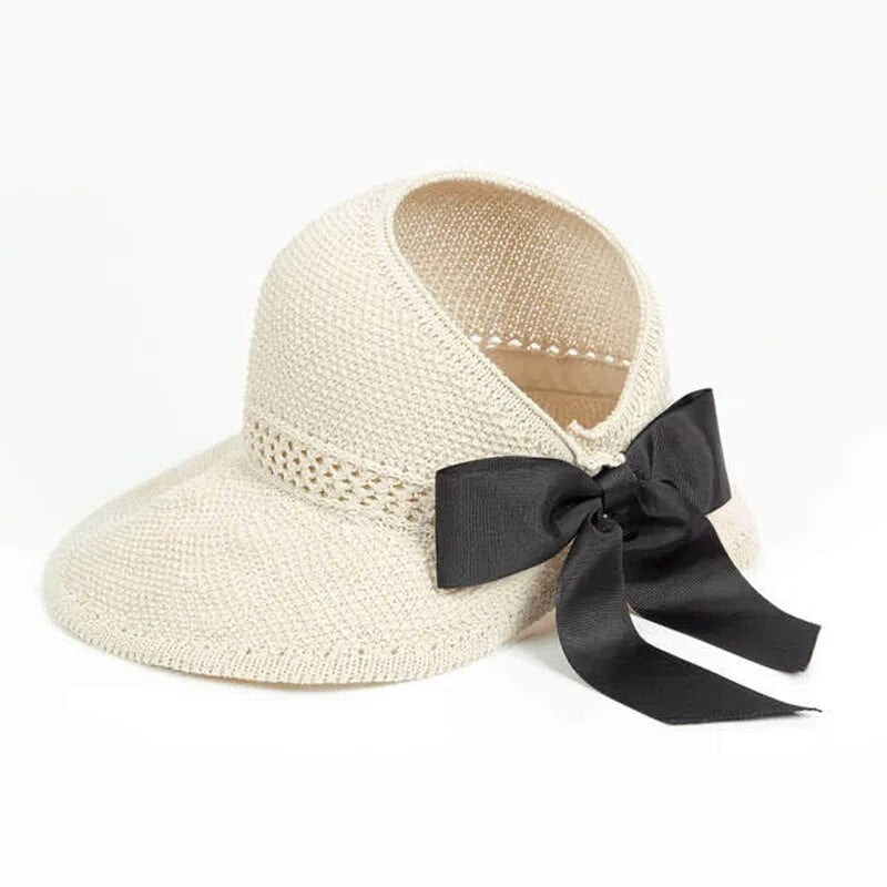 New Summer Bow Sun Hats Empty Top Hat Women UV Protction Caps Cutout Beach Hat Women Sun Cap Ribbon Knit Raffia Hat Sun Hat