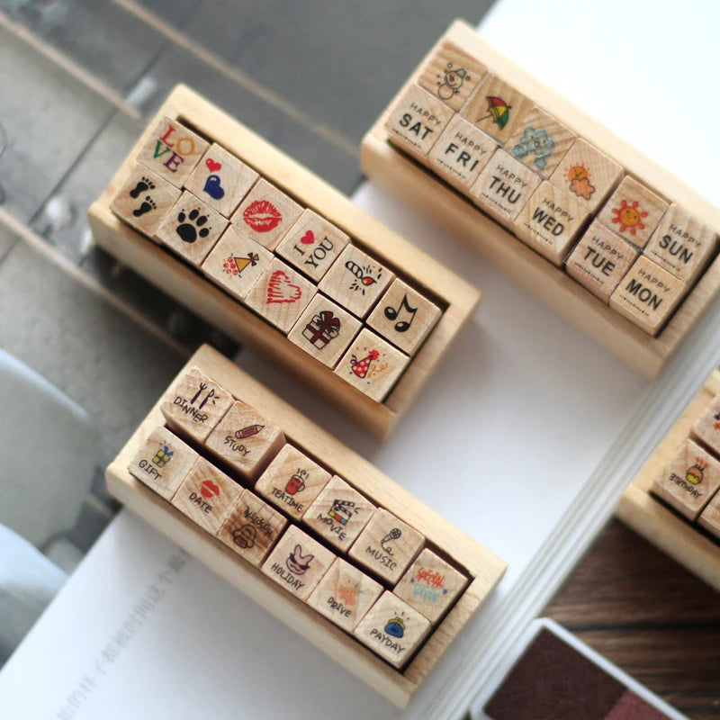 12 Pc/Set Retro Cartoon Wooden Rubber Stamps Small Cute Life Travel Week Heart Rubber Seal Scrapbooking Planner Decorative Stamp