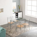 110 x 70 x 76cm Iron Glass Dining Table Set  Dining Table and Chairs Silver One Table and Four Chairs MDF Cushion