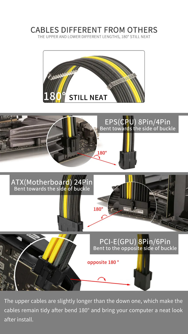 FormulaMod NCK2 Series PSU Extension Cable Kit , Solid Color Cable Mix Combo 300mm ATX24Pin PCI-E8Pin CPU8Pin With Combs