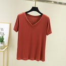 chic casual  Cotton T Shirt Ribbed Short Sleeve Women Summer Basic v-neck T shirt Loose Candy Color T-shirt Tee Female