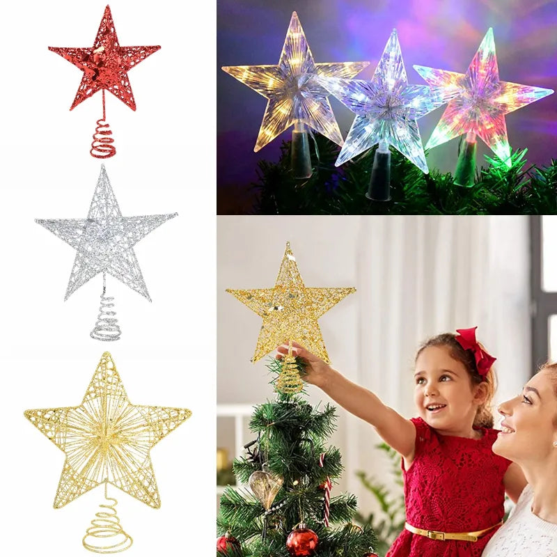 Christmas Tree Top Star Ornament Gold Sliver Red Glitter Iron Star Topper Decoration New Year Party Home Christmas Treetop Decor