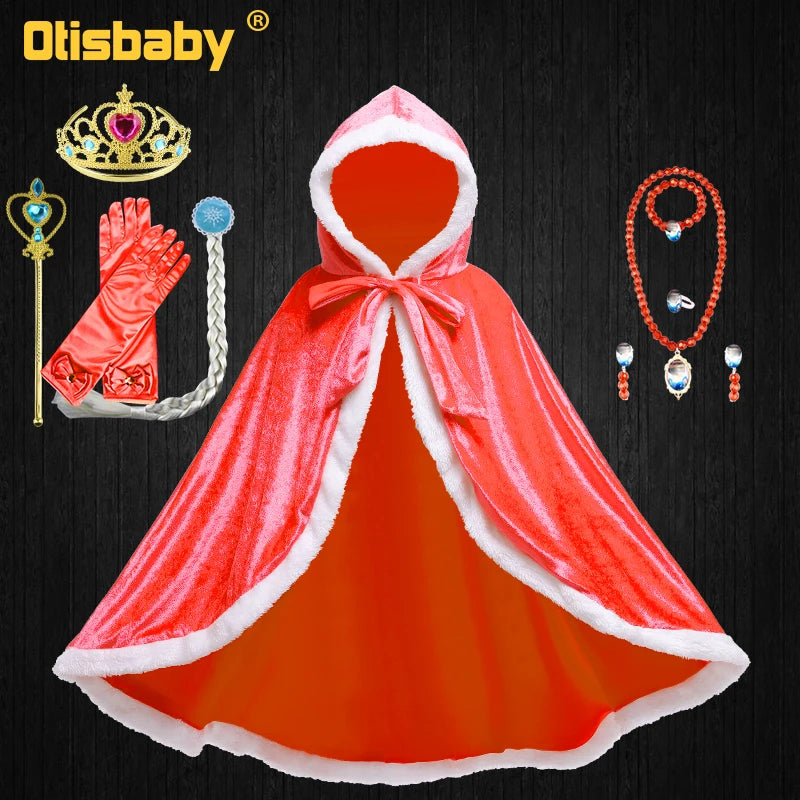 Children Snow Queen Anna&Elsa Girls Velvet Cloak Hooded Christmas Fairy Cinderella Rapunzel Aurora Belle Princess Dress Up Cape