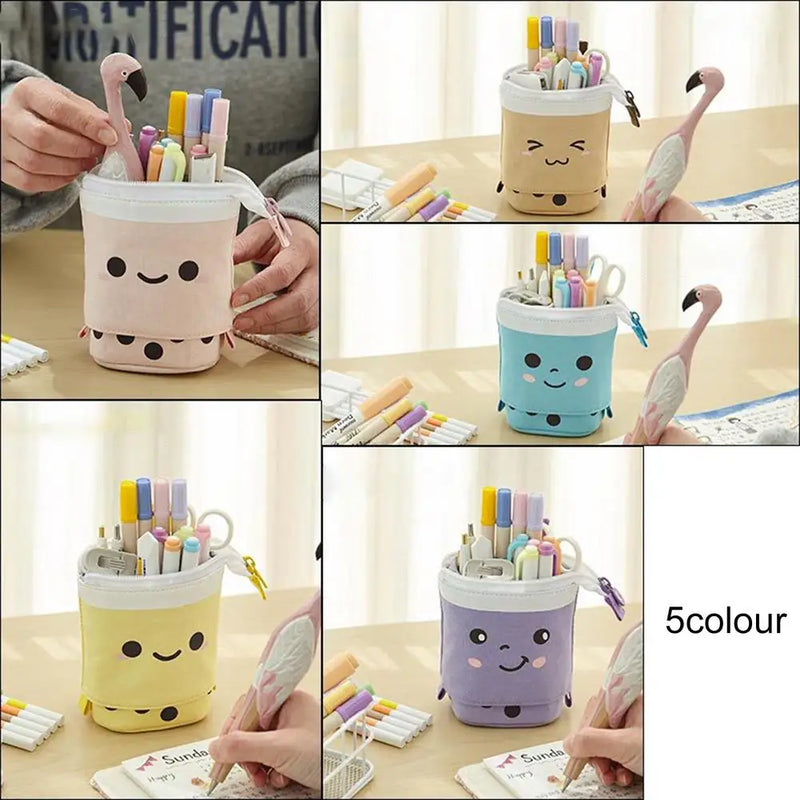 1 Set Cute Boba Milk Tea Telescopic Pen Bag Pencil Holder Stationery Case Stand Up Pencil Case Stationery Pouch Box For Students