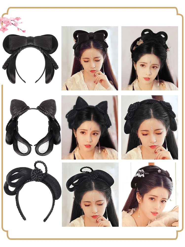 BUQI Chinese Traditional Retro Hair Chignon Synthetic  Hanfu Cosplay Wig Black Fake Hair Bun Ancient Fairy Princess Hair Band