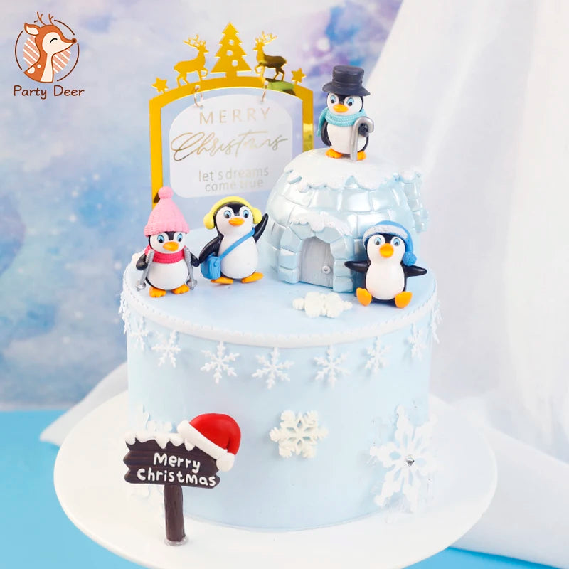 Merry Christmas Hat Scarf Winter Penguin Cake Topper for Baby Shower Snowflake Xmas Party Baking Decoration Dessert Supplies