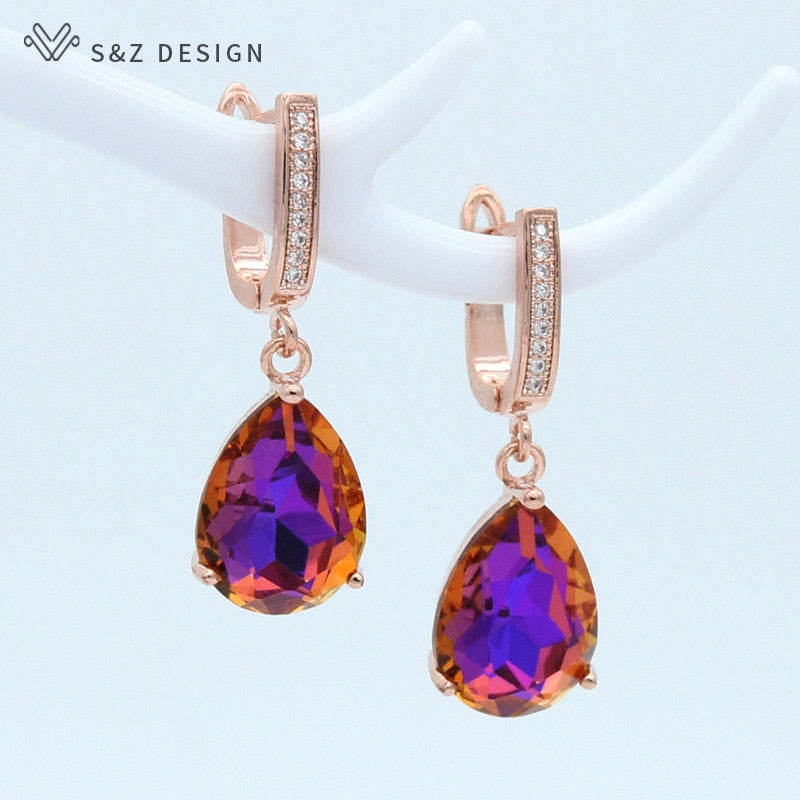 S&amp;Z DESIGN Korean Fashion Luxury Water Drop Crystal 585 Rose Gold Dangle Earrings For Women Wedding Engagement Elegant Jewelry