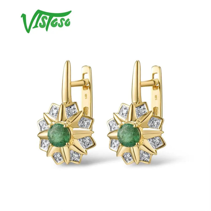 VISTOSO Gold Earrings For Women 14K 585 Yellow Gold Sparkling Emerald Luxury Diamond Wedding Anniversary Elegant Fine Jewelry