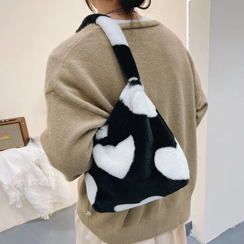 Fluffy Women's Girls Portable Plush Female Handbag 2021 Autumn Winter Shoulder Clutches Retro Animal Printed Street Travel Bags