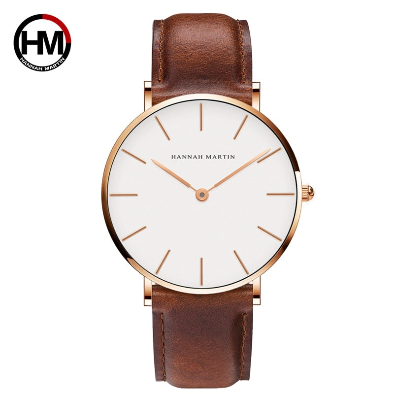 Hannah Martin High Quality Rose Gold Dial Watch Men Leather Waterproof Wristwatch Women Dress Fashion Japan Quartz Movement Saat