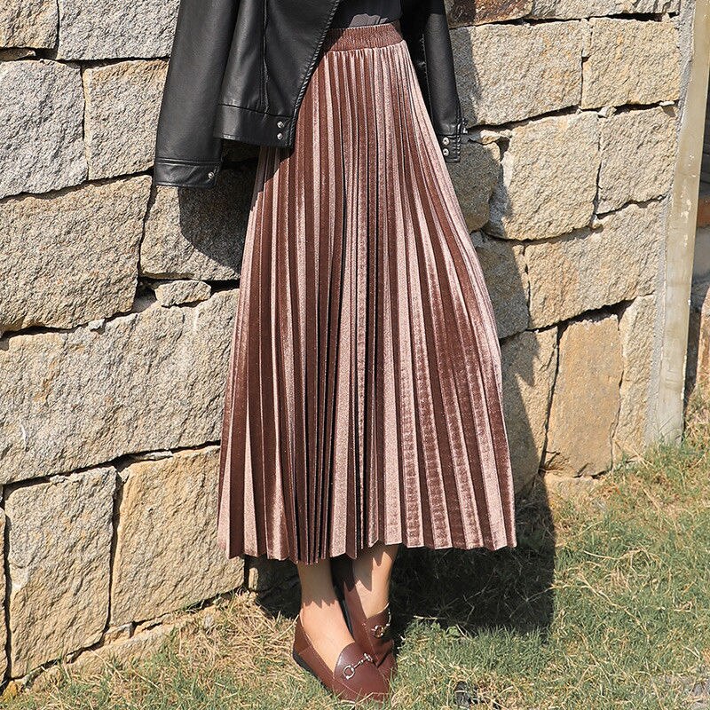 Winter Pleated Skirt Women's Autumn Vintage Velvet Black Lady Faldas Mujer Moda 2020 Casual Long Maxi High Waist Party Skirt