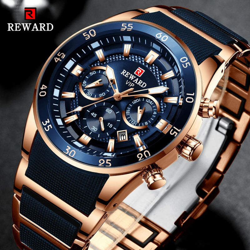 REWARD Brand Mens Watches Luxury Quartz Blue Watch Full Steel Men Chronograph Waterproof Business Wrist Watch Relogio Masculino