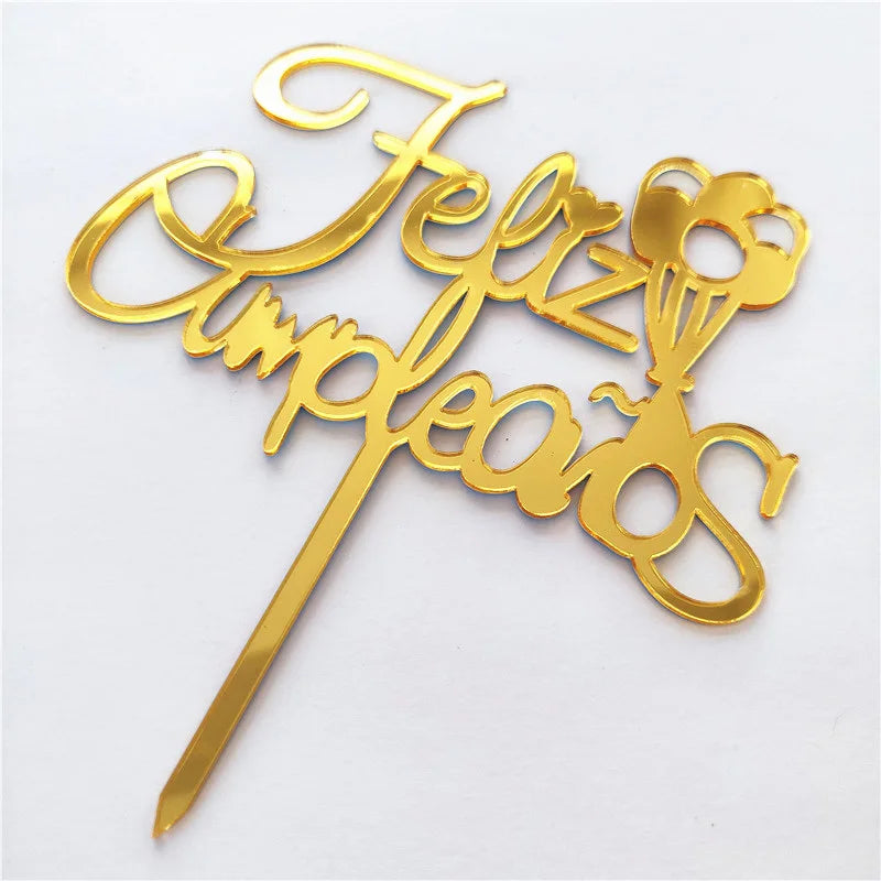 Golden Acrylic Happy Birthday Cake Topper Spanish language Birthday Party Cake Toppers For Kids holiday gifts Dessert Decoration