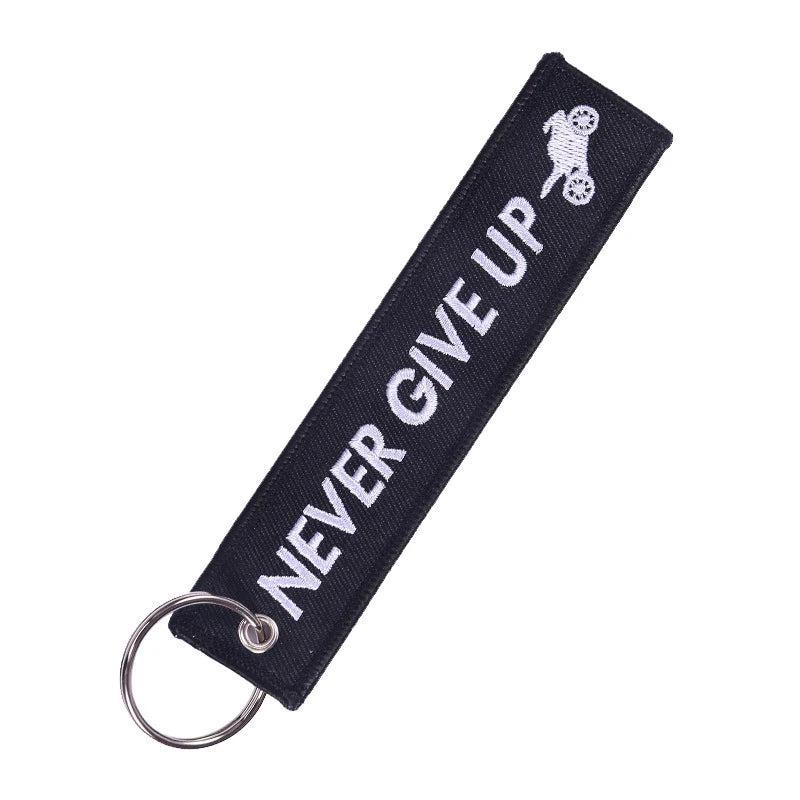 Fashion Embroidery Car Keychains Never Give UP Double Side Tag Novelty Keychain for Motorcycle Keys Keyring Men Boyfriend Gift