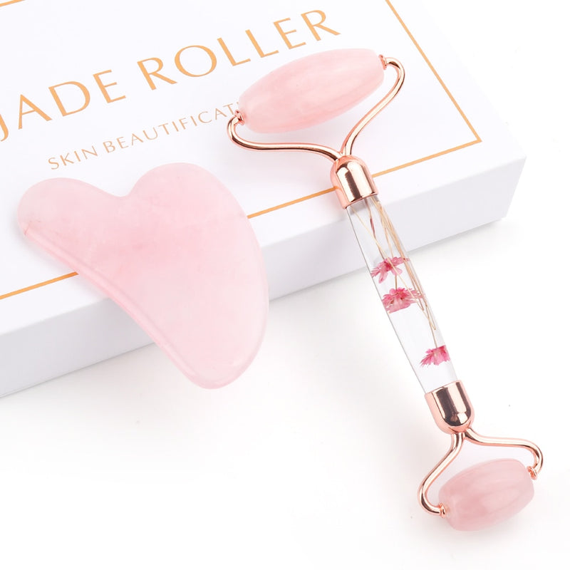 Rose Quartz Jade Roller Flower Pole Roller Face Lifting Massager Facial Manual Massage Heart-shaped Gua Sha Set Anti-wrinkles