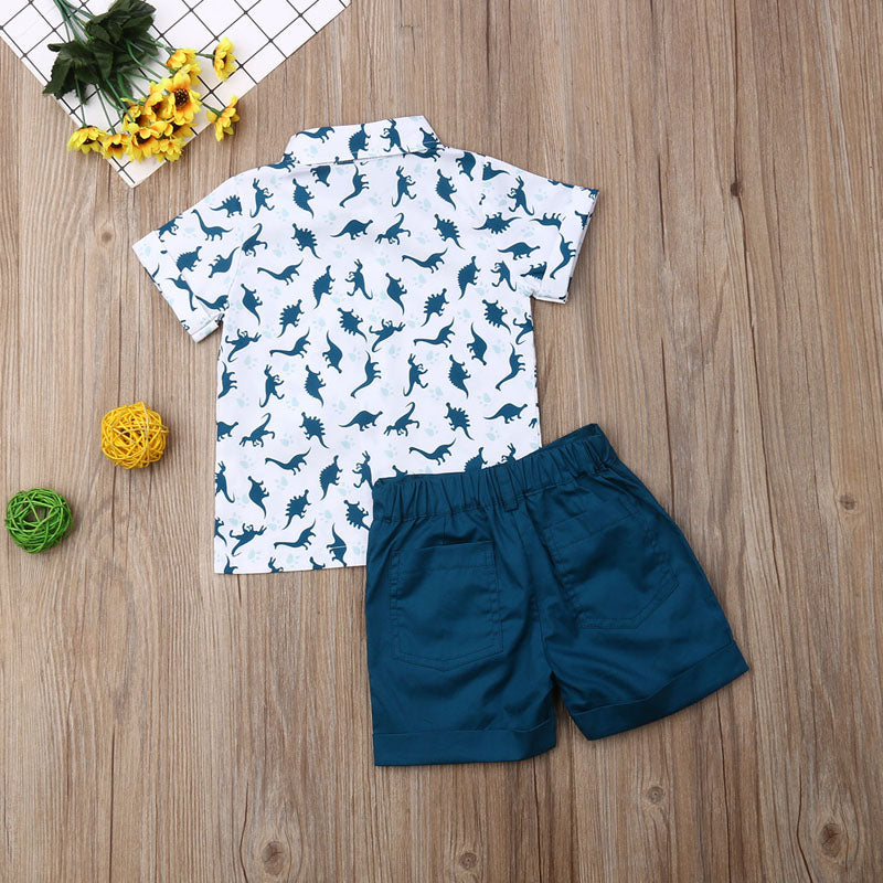 lioraitiin 1-6Years Kids Clothes Set Baby Boy Dinosaur Turn-down Collar Short Sleeve T-shirt Pant 2Pcs Casual Summer Clothes Set