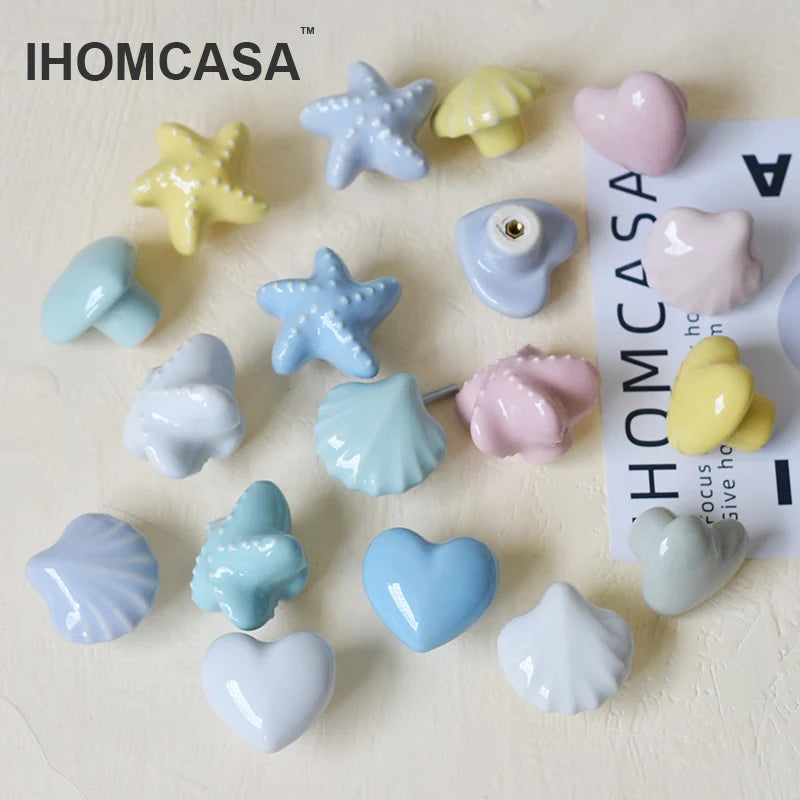 IHOMCASA Ceramic Knob Heart Seastar Shell Children Room Furniture Hardware Cabinet Handles Kitchen Wardrobe Bookcase Drawer Pull