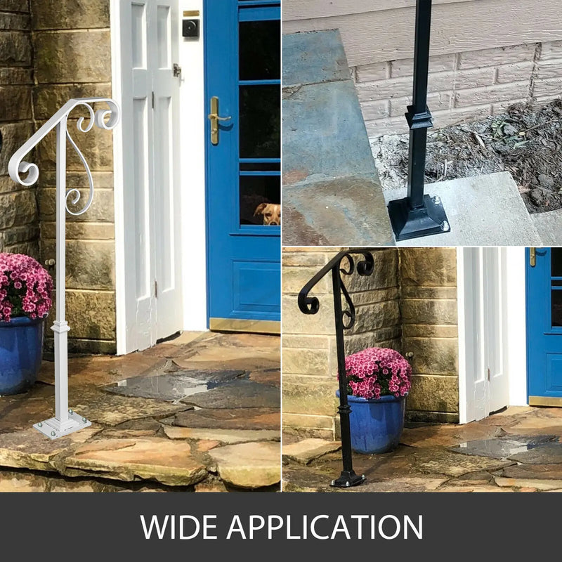 SucceBuy Single Post Handrail Wrought Iron Post Mount Step With Base Plate Fits 1Or2 Steps Grab Rail Single White/Gray Railing