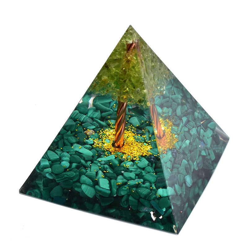 6cm Tree of Life Orgone Pyramid Mold Malachite Peridot Healing Crystal Energy Orgone Pyramid EMF Protection Meditation Tool