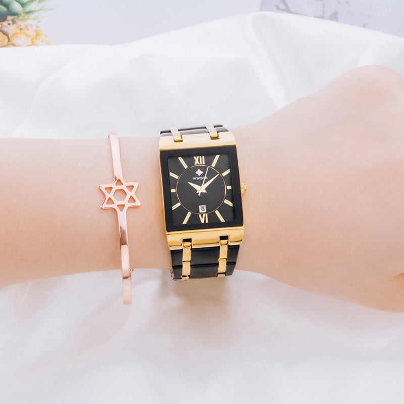 WWOOR Ladies Watch Top Brand Japanese Quartz Watches Square Black Gold Watch Stainless Steel Waterproof Fashion Women Wristwatch