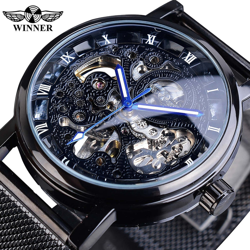 Winner Transparent Golden Case Luxury Casual Design Brown Leather Strap Mens Watches Top Brand Luxury Mechanical Skeleton Watch